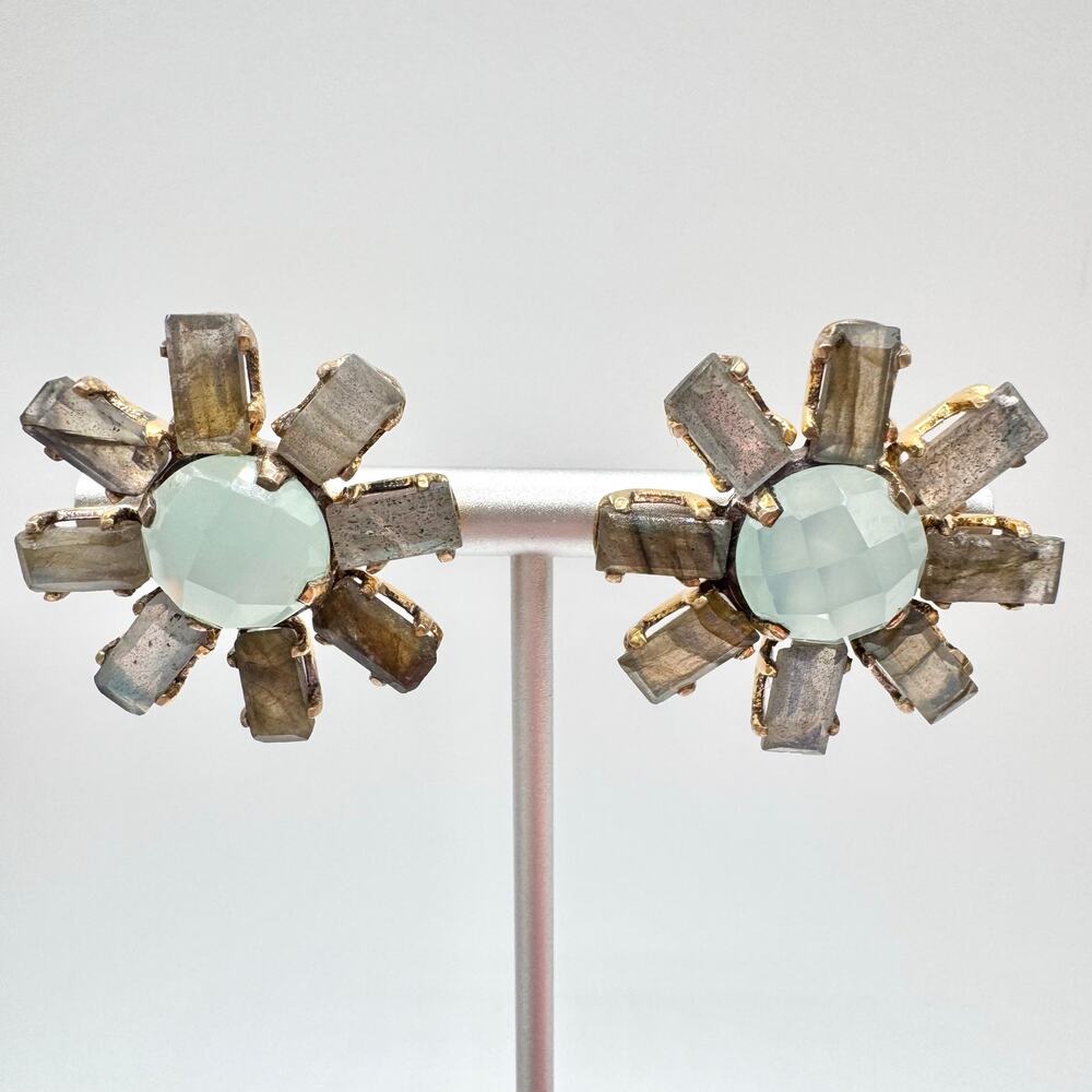 Labradorite Baguette Faceted Chalcedony 925 Sterling Silver Sunburst Earrings - Picture 2 of 14